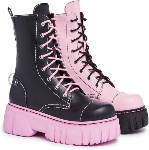 Dolls Kill Devil Games Mismatched Combat Boots – Red Vegan Leather Platform Boots with Adjustable Lace-Ups & Side Zippers in Saudi Arabia
