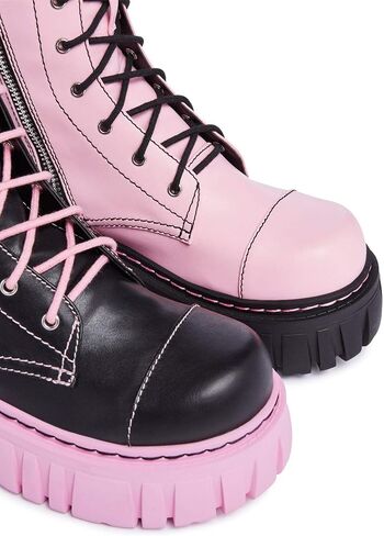 Dolls Kill Devil Games Mismatched Combat Boots – Red Vegan Leather Platform Boots with Adjustable Lace-Ups & Side Zippers in Saudi Arabia