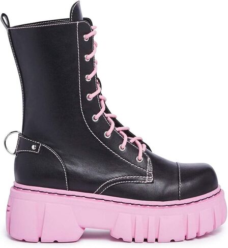 Dolls Kill Devil Games Mismatched Combat Boots – Red Vegan Leather Platform Boots with Adjustable Lace-Ups & Side Zippers in Saudi Arabia
