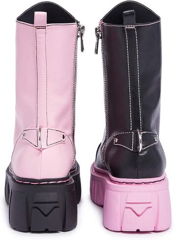 Dolls Kill Devil Games Mismatched Combat Boots – Red Vegan Leather Platform Boots with Adjustable Lace-Ups & Side Zippers in Saudi Arabia