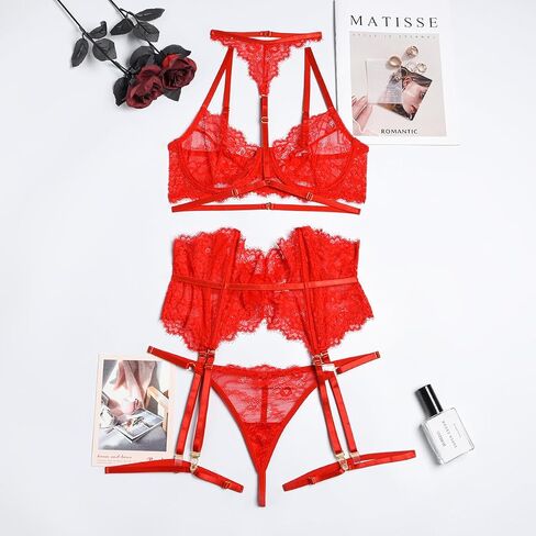 Elegant Lace Lingerie Set with Adjustable Straps and Garter Belt - Sheer Bra and Panty Ensemble for Women in Kuwait