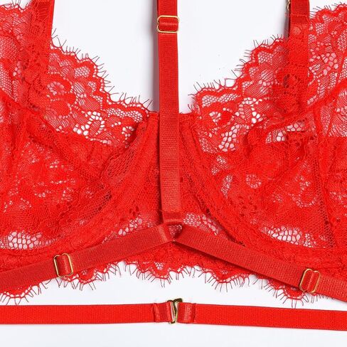 Elegant Lace Lingerie Set with Adjustable Straps and Garter Belt - Sheer Bra and Panty Ensemble for Women in Kuwait
