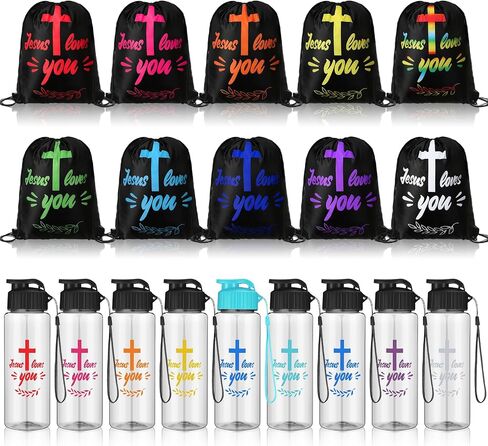 20 Pcs Christian Party Favors Bulk Church Gifts Includes 10 Jesus Loves You Drawstring Backpack 10 Christian Sport Bottles Religious Bags Bible Verse Party Favors Supplies for Church in Saudi Arabia