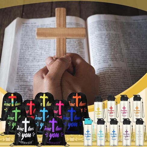 20 Pcs Christian Party Favors Bulk Church Gifts Includes 10 Jesus Loves You Drawstring Backpack 10 Christian Sport Bottles Religious Bags Bible Verse Party Favors Supplies for Church in Saudi Arabia