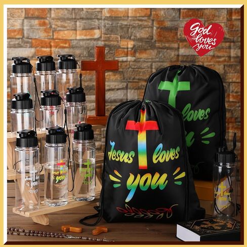 20 Pcs Christian Party Favors Bulk Church Gifts Includes 10 Jesus Loves You Drawstring Backpack 10 Christian Sport Bottles Religious Bags Bible Verse Party Favors Supplies for Church in Saudi Arabia