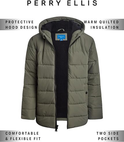 سترة شتوية للأولاد من Perry Ellis مبطنة بالصوف مع غطاء للرأس، سترة منتفخة دافئة معزولة للأولاد (4-20) in Kuwait