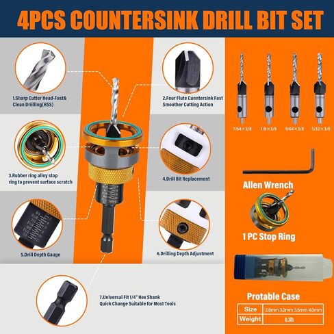 Countersink Drill Bit Set with Depth Stop 4PCS, HCS Four Blades Countersink Bits with Adjustable Depth Stop and L Shape Wrench, Wood Countersink Bit Set for Wood, Plastic, Woodworking in Kuwait