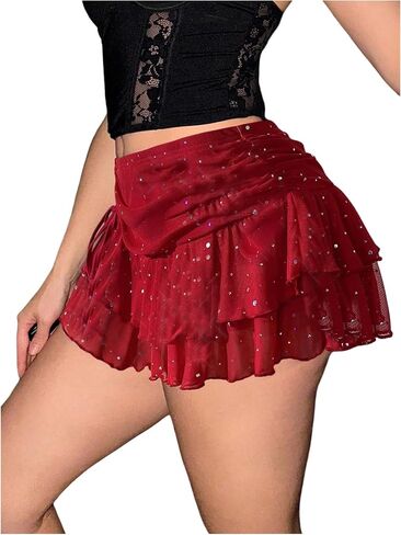Soly Hux Women's Gruffle Mini Skirt Y2K Sparkly Mesh Low Rise Luched Ruched Summer Chails Party Concert in Kuwait