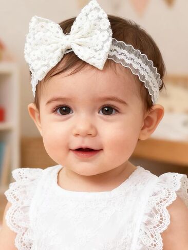 Baby Girls Bow Lace Headband Cute Pink Soft Hairband White Butterfly Knot Headbands for Newborn Infants Toddlers Kids Christening Baptism Birthday Party Hair Accessories (Pure White) in Kuwait