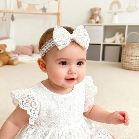 Baby Girls Bow Lace Headband Cute Pink Soft Hairband White Butterfly Knot Headbands for Newborn Infants Toddlers Kids Christening Baptism Birthday Party Hair Accessories (Pure White) in Kuwait