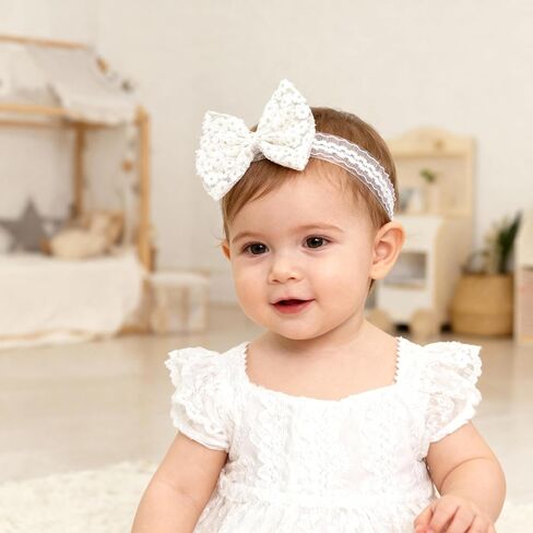 Baby Girls Bow Lace Headband Cute Pink Soft Hairband White Butterfly Knot Headbands for Newborn Infants Toddlers Kids Christening Baptism Birthday Party Hair Accessories (Pure White) in Kuwait