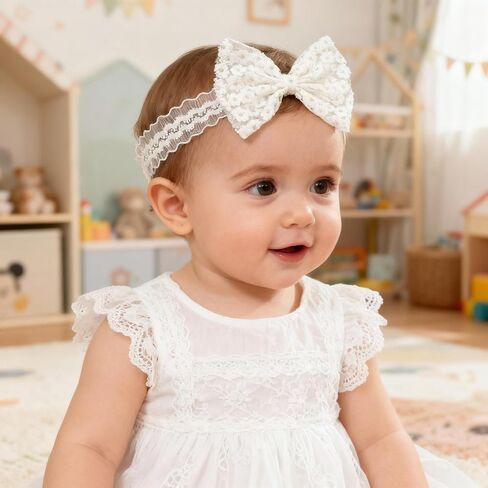 Baby Girls Bow Lace Headband Cute Pink Soft Hairband White Butterfly Knot Headbands for Newborn Infants Toddlers Kids Christening Baptism Birthday Party Hair Accessories (Pure White) in Kuwait