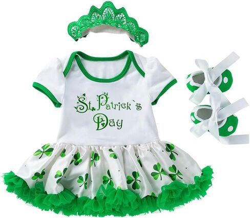 AGQT Infant Baby Girls St. Patrick’s Day Outfit 3Pcs Green Shamrock Romper Bodysuit 0-24 Months in Kuwait