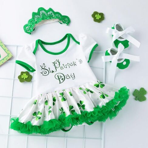 AGQT Infant Baby Girls St. Patrick’s Day Outfit 3Pcs Green Shamrock Romper Bodysuit 0-24 Months in Kuwait