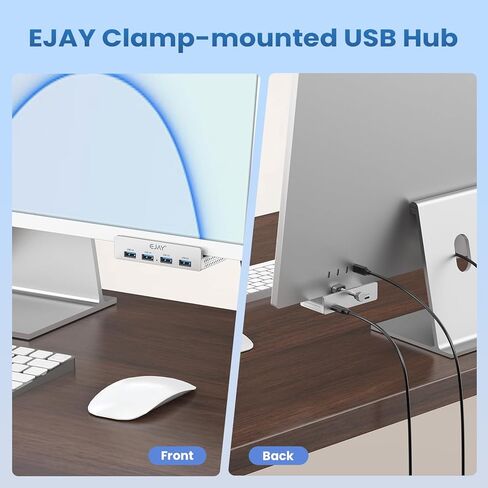 EJAY 4Ports USB3.0 Splitter Alu Clamp Desktop USB HUB for Desk/Monitors Clipping with Extra Power Supply Port and 2 Long Cables(59inches Data & 39inches Power Cables) in Kuwait