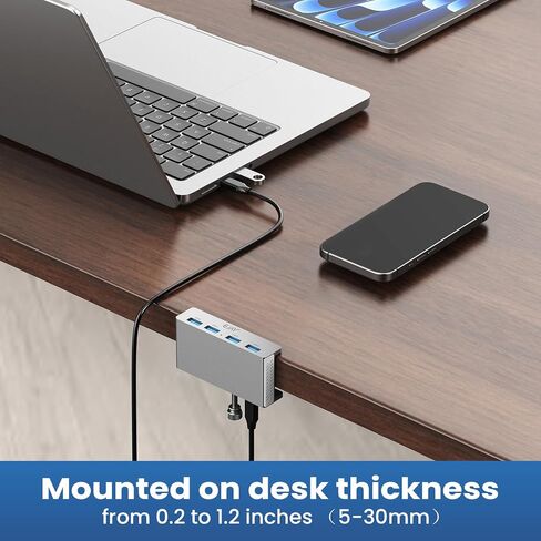 EJAY 4Ports USB3.0 Splitter Alu Clamp Desktop USB HUB for Desk/Monitors Clipping with Extra Power Supply Port and 2 Long Cables(59inches Data & 39inches Power Cables) in Kuwait