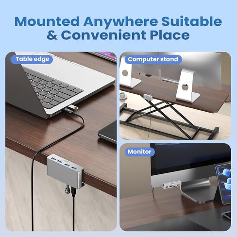 EJAY 4Ports USB3.0 Splitter Alu Clamp Desktop USB HUB for Desk/Monitors Clipping with Extra Power Supply Port and 2 Long Cables(59inches Data & 39inches Power Cables) in Kuwait
