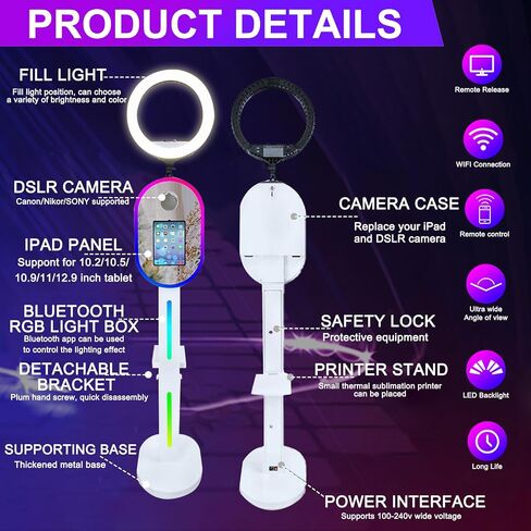 Photo Booth for iPad 10.2" 10.9" 11" 12.9" 13" for Camera Dualuse Selfie Station APP Control RGB Ring Light Music Sync Light Box Photobooth Machine with Flight Case for Rental Events Wedding in Saudi Arabia