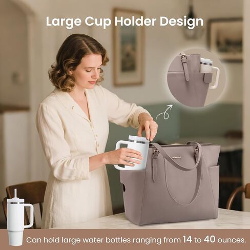 LoveVook Laptop Bag Bag للنساء مع حامل كوب كبير ، حقيبة حمل من الجلد للنساء ، 15.6 بوصة حقيبة كمبيوتر محترفة للمدرس ، هدية سفر للمكتب in Saudi Arabia