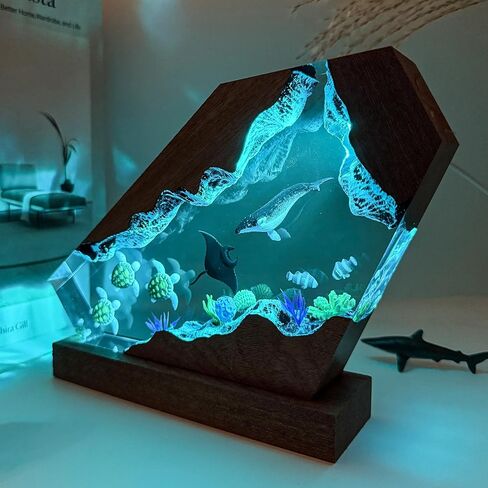 Humback Whale Resin Lamp,Handmade 3D Resin Ocean Statue Night Light with Wooden Base, Variable Lights,Coastal Decor for Home Office, Gifts for Birthday Holiday, Valentine's Day or Kids (6"x4") in Saudi Arabia