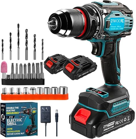 Cordless drills Set,21V Power drill,Double 2000mAh Batteries Electric Drill,Power Drill Cordless,1/2 Inch Keyless Chuck, Max torque 80Nm,3mode,25 Position and 29Pcs Accessories （blue） in Kuwait
