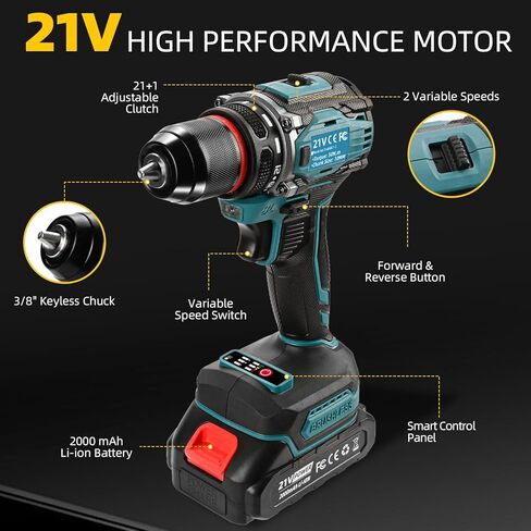 Cordless drills Set,21V Power drill,Double 2000mAh Batteries Electric Drill,Power Drill Cordless,1/2 Inch Keyless Chuck, Max torque 80Nm,3mode,25 Position and 29Pcs Accessories （blue） in Kuwait