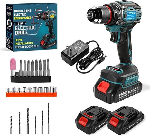 Cordless drills Set,21V Power drill,Double 2000mAh Batteries Electric Drill,Power Drill Cordless,1/2 Inch Keyless Chuck, Max torque 80Nm,3mode,25 Position and 29Pcs Accessories （blue） in Kuwait