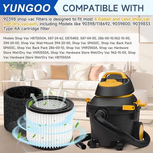 Replacement Cartridge Filter Compatible with Shop Vac 90304, 90350, 90333,90585, 2 Vacuum Filters + 2 Lids + 6 Foam Sleeve Filters Fits 5 Gallon and Above Wet/Dry Vacuum Cleaners in Kuwait
