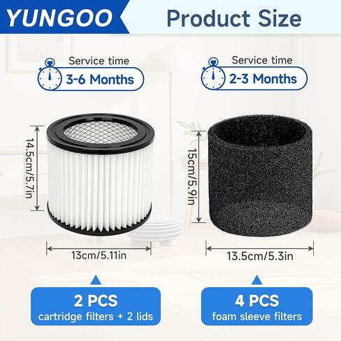 Replacement Cartridge Filter Compatible with Shop Vac 90304, 90350, 90333,90585, 2 Vacuum Filters + 2 Lids + 6 Foam Sleeve Filters Fits 5 Gallon and Above Wet/Dry Vacuum Cleaners in Kuwait