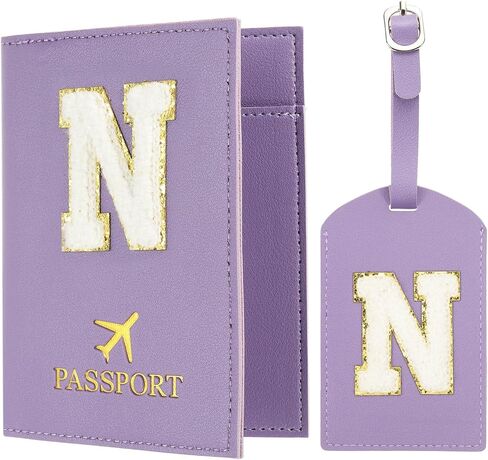 PATIKIL Passport Holder for Travel, Initial Passport Cover and Luggage Tag Set with Alphabet Chenille Letter Patch Travel Wallet Bag Suitcase Identifier for Women Family Travel Black L in Saudi Arabia