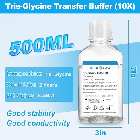 TG electrophoresis Buffer (10x) ، Tris-glycine Transfer Buffer للبقع الغربية والمواد الهلامية الأصلية ، الرقم الهيدروجيني 8.3 ، 500 مل/زجاجة ، زجاجة واحدة in Kuwait