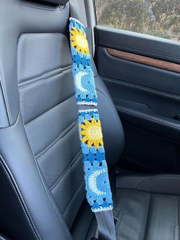 Crochet Car Seat Belt Cover Pads,Cute Car Mirror Rainbow,Car Interior Accessories Decorations for Women (Sunflower) in Saudi Arabia