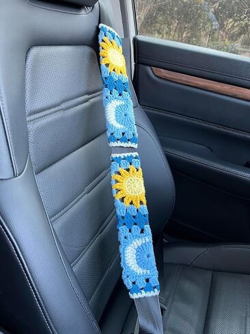 Crochet Car Seat Belt Cover Pads,Cute Car Mirror Rainbow,Car Interior Accessories Decorations for Women (Sunflower) in Saudi Arabia