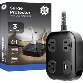 GE UltraPro 3-Outlet Surge Protector with USB, 245 Joules, 1 USB-A & 1 USB-C Port, 4ft Braided Extension Cord, Flat Plug, Adapter-Spaced Outlets, ETL Certified, Black, 85876 in Saudi Arabia