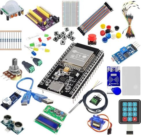 esp32 starter kit مع أجهزة الاستشعار والعرض والوحدات النمطية والأسلاك-مجموعة إلكترونيات 20-in-1 لـ Arduino IDE & Micropython | يتضمن لوحة ESP32 ، LCD ، المؤازرة ، الموجات فوق الصوتية ، الجرس ، والمزيد in Kuwait
