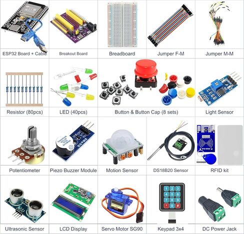 esp32 starter kit مع أجهزة الاستشعار والعرض والوحدات النمطية والأسلاك-مجموعة إلكترونيات 20-in-1 لـ Arduino IDE & Micropython | يتضمن لوحة ESP32 ، LCD ، المؤازرة ، الموجات فوق الصوتية ، الجرس ، والمزيد in Kuwait