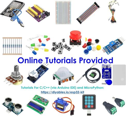 esp32 starter kit مع أجهزة الاستشعار والعرض والوحدات النمطية والأسلاك-مجموعة إلكترونيات 20-in-1 لـ Arduino IDE & Micropython | يتضمن لوحة ESP32 ، LCD ، المؤازرة ، الموجات فوق الصوتية ، الجرس ، والمزيد in Kuwait