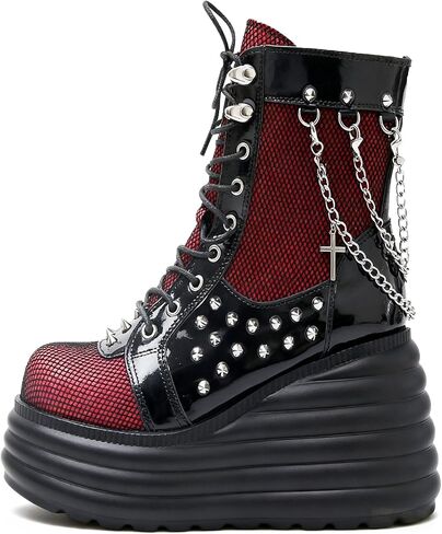 Goth Chunky Ankle Boots for Women - Bat Buckle DIY Platform,Zip Round Toe Lace Up Combat Bootie, Wedge Rave Boots Black Punk Shoes - Light Weight & Waterproof in Saudi Arabia