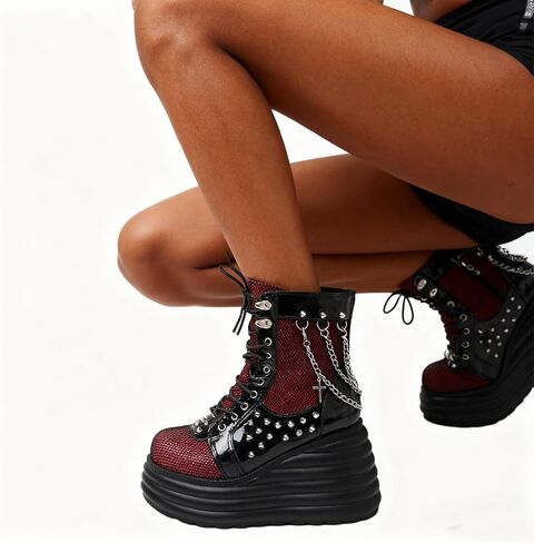 Goth Chunky Ankle Boots for Women - Bat Buckle DIY Platform,Zip Round Toe Lace Up Combat Bootie, Wedge Rave Boots Black Punk Shoes - Light Weight & Waterproof in Saudi Arabia