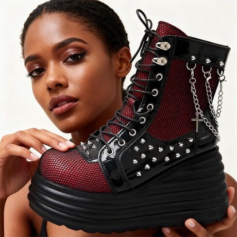 Goth Chunky Ankle Boots for Women - Bat Buckle DIY Platform,Zip Round Toe Lace Up Combat Bootie, Wedge Rave Boots Black Punk Shoes - Light Weight & Waterproof in Saudi Arabia