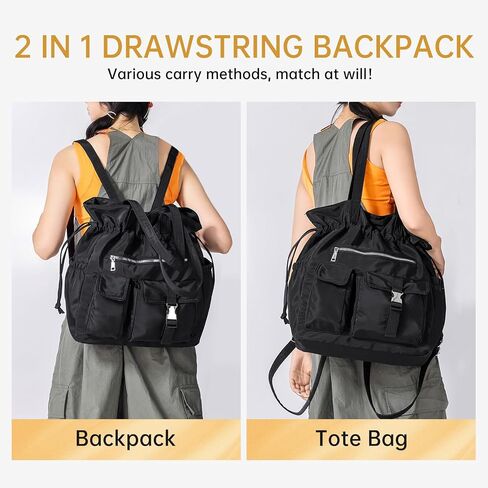 Drawstring Gym Backpack, Convertible Tote Backpack, Sports Gym Bag for Women Men Travel Tote Bags for Beach, Swim and Travel Workout -Black in Saudi Arabia