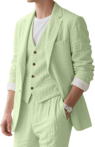 Linen Mens Suit 3 Piece Slim Fit Beach Wedding Suit for Men Prom Party Casual Blazer Vest Pant Set in Saudi Arabia