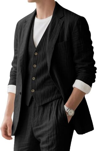 بدلة الكتان الرجال 3 قطعة ضيقة ضيقة العريس الشاطئ الزي الزفاف البدلات غير الرسمية للرجال حفلة حفلة موسيقية in Kuwait