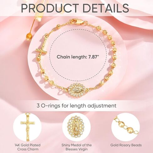 هدايا كاثوليكية سوار المسبحة للنساء-14K العذراء الذهبية مريم رسباني يسوع صليب سحر سلسلة ، Dainty Virgen de Guadalupe الهدية الدينية للتأكيد على المعمودية بالتواصل الأول عيد الفصح in Kuwait