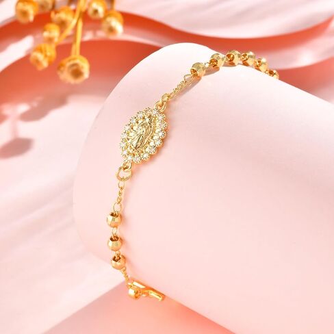 هدايا كاثوليكية سوار المسبحة للنساء-14K العذراء الذهبية مريم رسباني يسوع صليب سحر سلسلة ، Dainty Virgen de Guadalupe الهدية الدينية للتأكيد على المعمودية بالتواصل الأول عيد الفصح in Kuwait