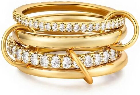14K Gold Plated Interlocked Stackable Rings for Women Non Tarnish,Gold and Silver Cubic Zirconia Statement Rings Set,Mixed Metals Ring Two-Toned Connected Bands Stacking Jewelry in Kuwait
