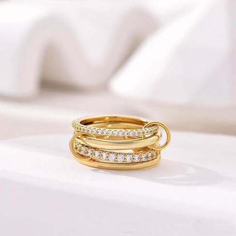 14K Gold Plated Interlocked Stackable Rings for Women Non Tarnish,Gold and Silver Cubic Zirconia Statement Rings Set,Mixed Metals Ring Two-Toned Connected Bands Stacking Jewelry in Kuwait