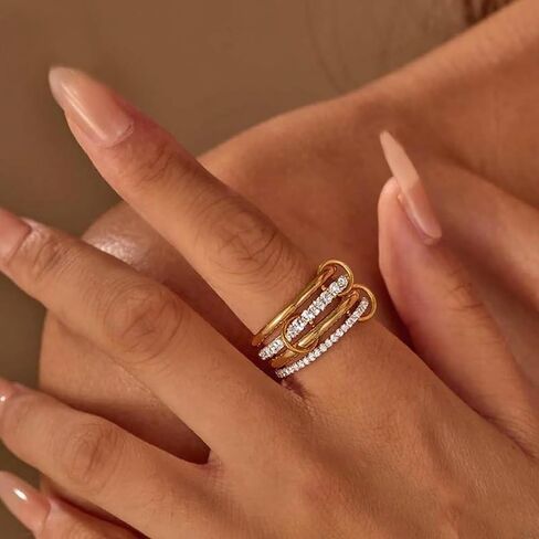 14K Gold Plated Interlocked Stackable Rings for Women Non Tarnish,Gold and Silver Cubic Zirconia Statement Rings Set,Mixed Metals Ring Two-Toned Connected Bands Stacking Jewelry in Kuwait