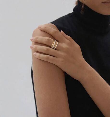 14K Gold Plated Interlocked Stackable Rings for Women Non Tarnish,Gold and Silver Cubic Zirconia Statement Rings Set,Mixed Metals Ring Two-Toned Connected Bands Stacking Jewelry in Kuwait