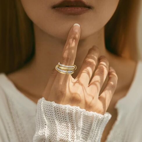 14K Gold Plated Interlocked Stackable Rings for Women Non Tarnish,Gold and Silver Cubic Zirconia Statement Rings Set,Mixed Metals Ring Two-Toned Connected Bands Stacking Jewelry in Kuwait